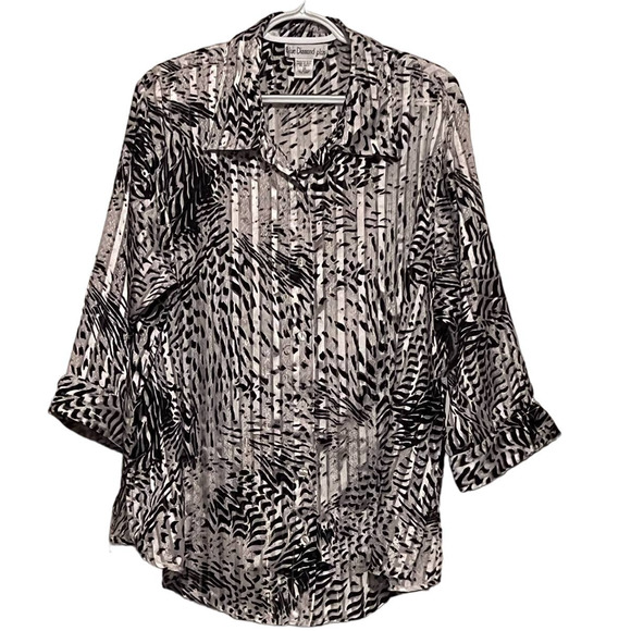 Blue Diamond Plus Women's Black White Gold Sparkle‎ Button Front Blouse Size 20 - Picture 1 of 4